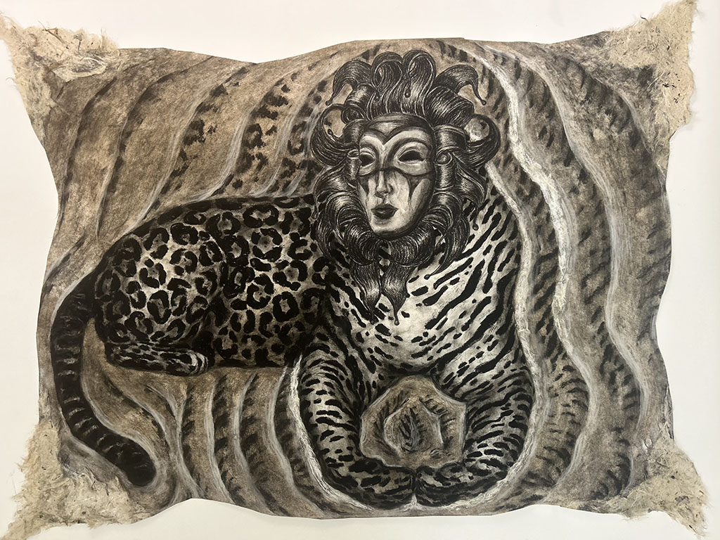 Internalized, 2026, Collage on paper with charcoal, 18 x 25 in.