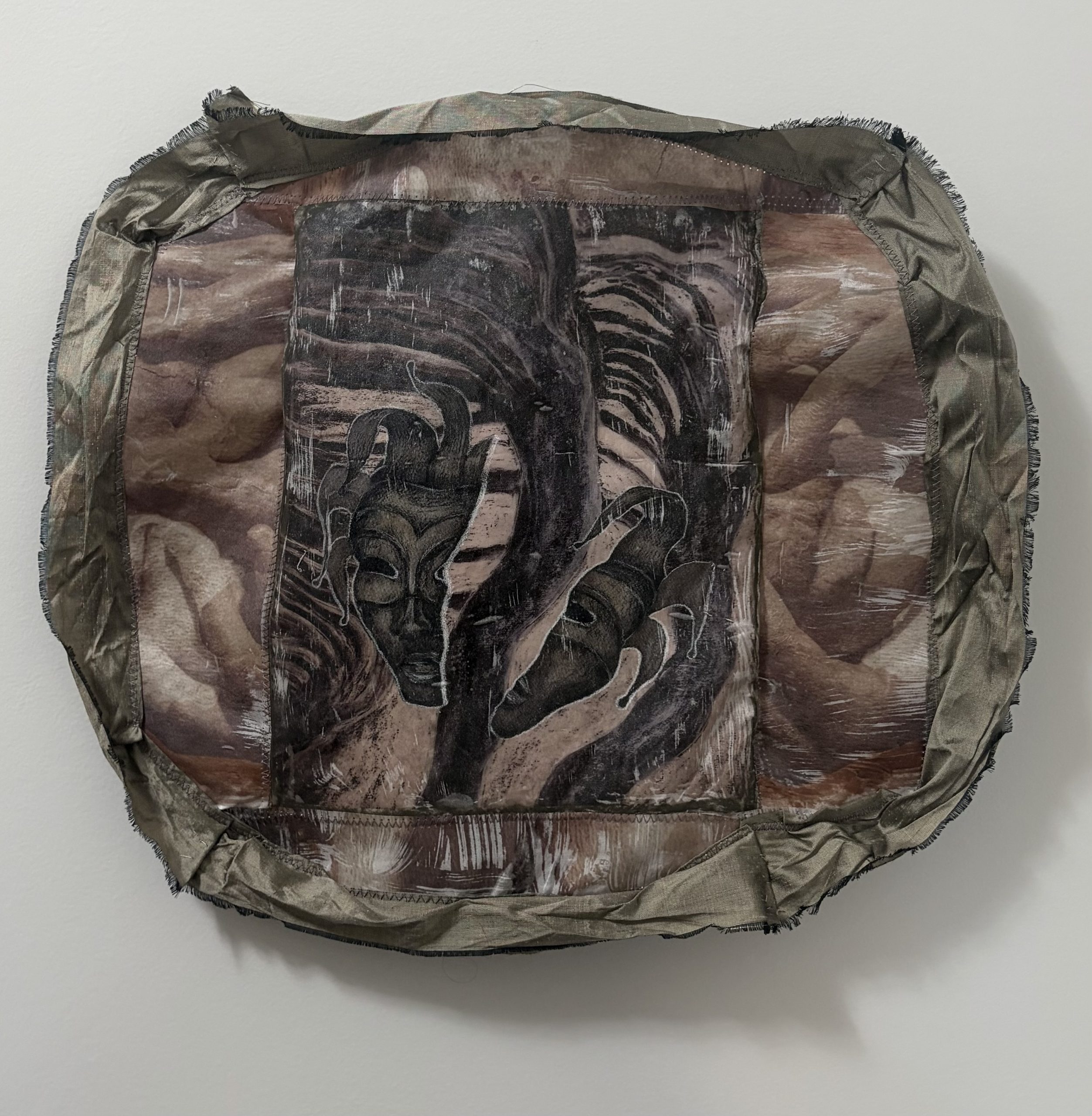 Breaking Free, 2026, Fabric print collage with charcoal, 22 x 19 in.