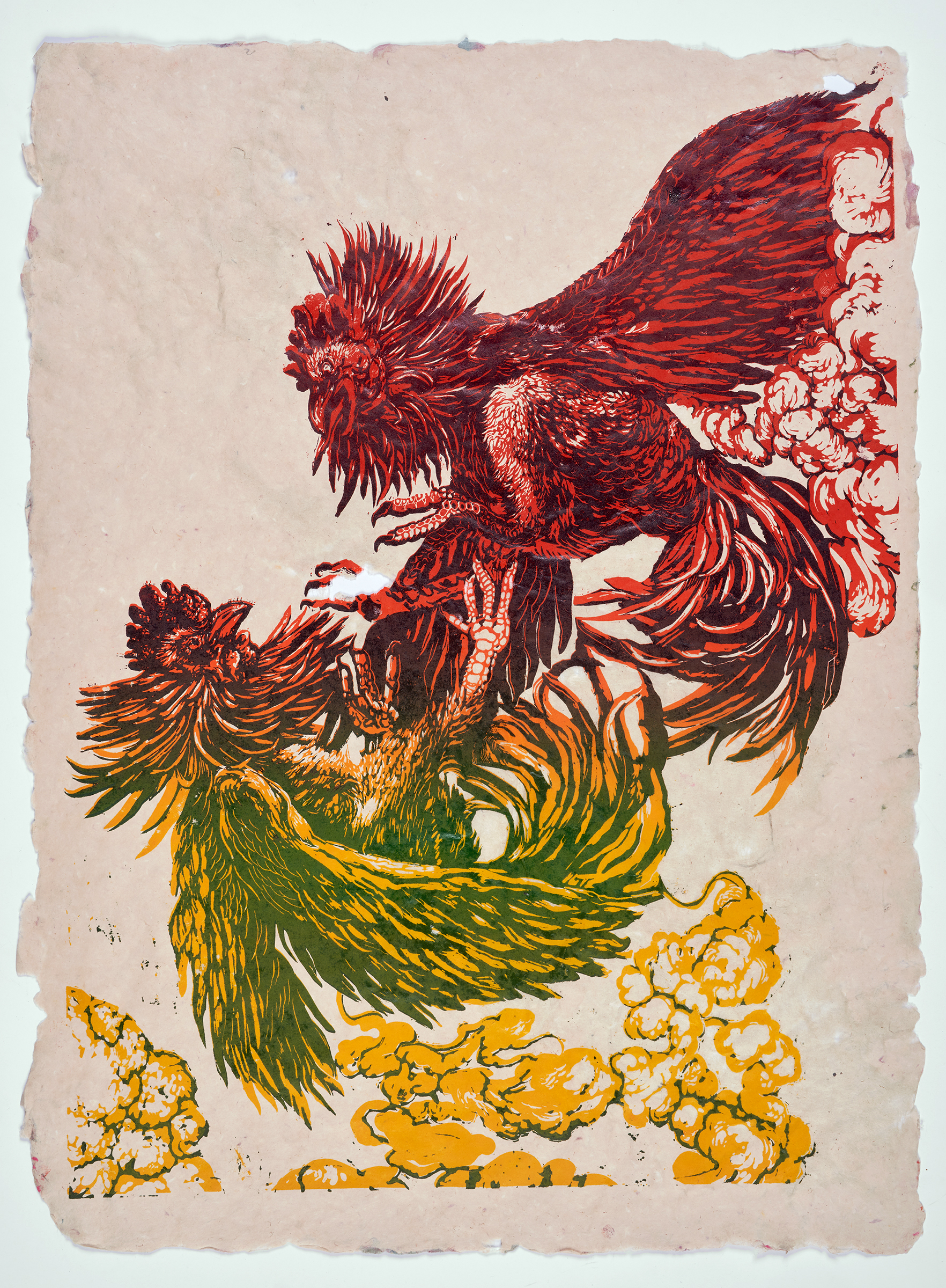 Pecking Order, 2025, Reductive linocut on handmade (Kozo and Abaca) paper, 30 x 22 in.