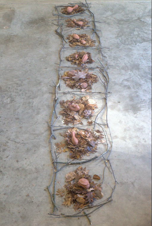 Father, Daughter, 2025, Found Sticks, Leaves, and Ceramic